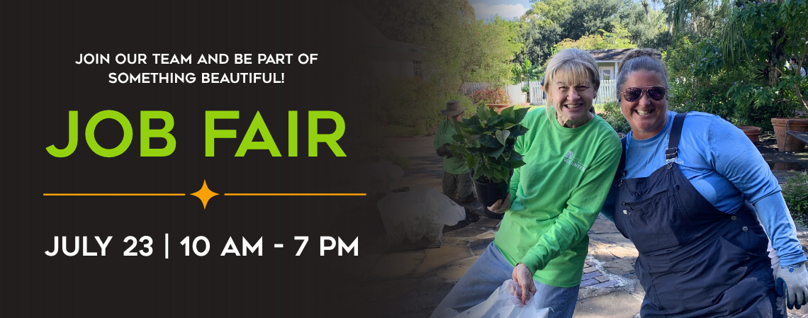 Job fair header, featuring an employee and volunteer.