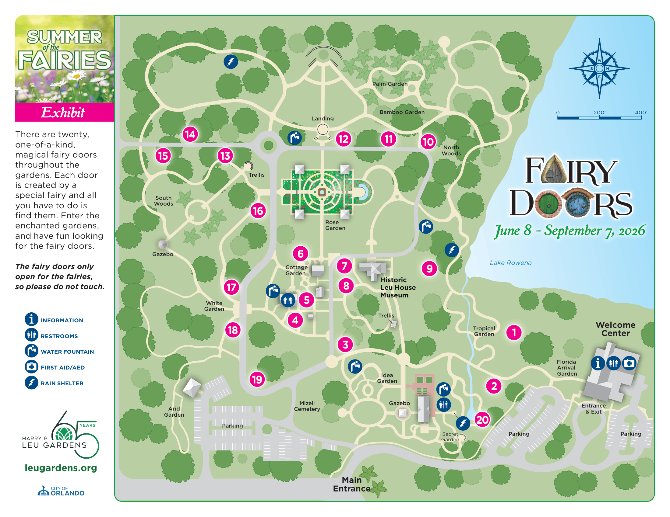The front of the 2026 Fairy Doors map. It shows the different locations of each fairy door across Leu Gardens.