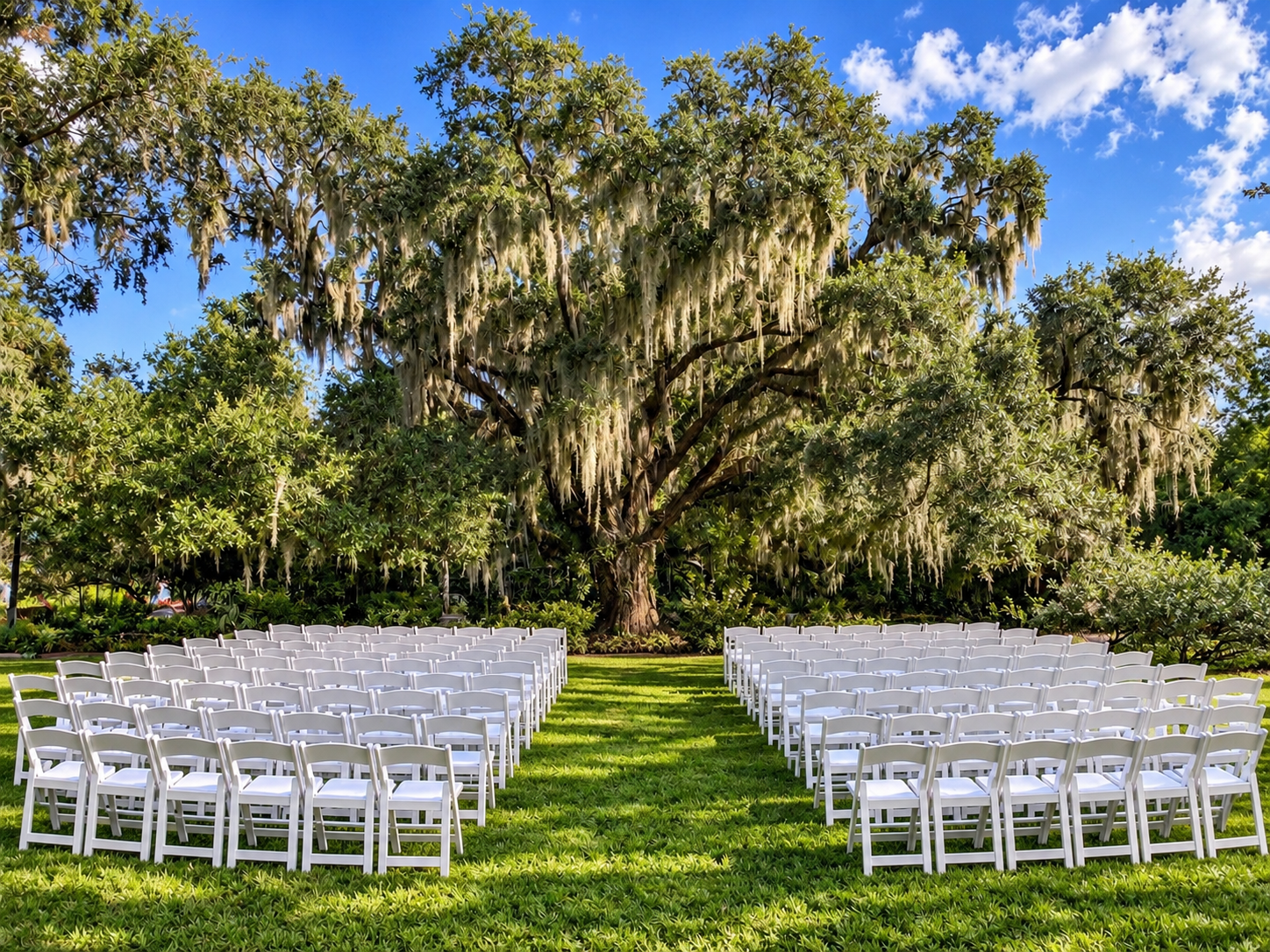 A photo of the Butterfly Garden wedding ceremony site. The photo features a large oak tree and rows of white chairs in front of it.