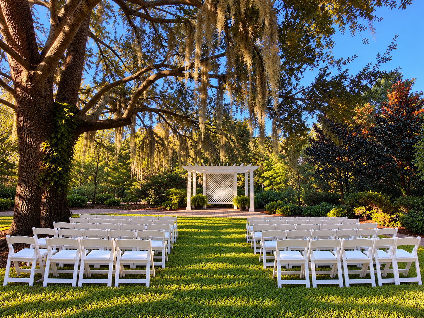 Photo of the East Trellis wedding site. It features a large oak tree, a white trellis, and rows of white chairs.