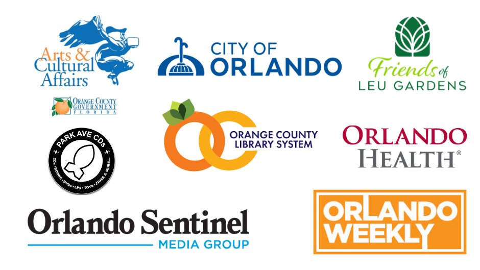 A design featuring the logos of sponsors and community partners of Harry P. Leu Gardens.