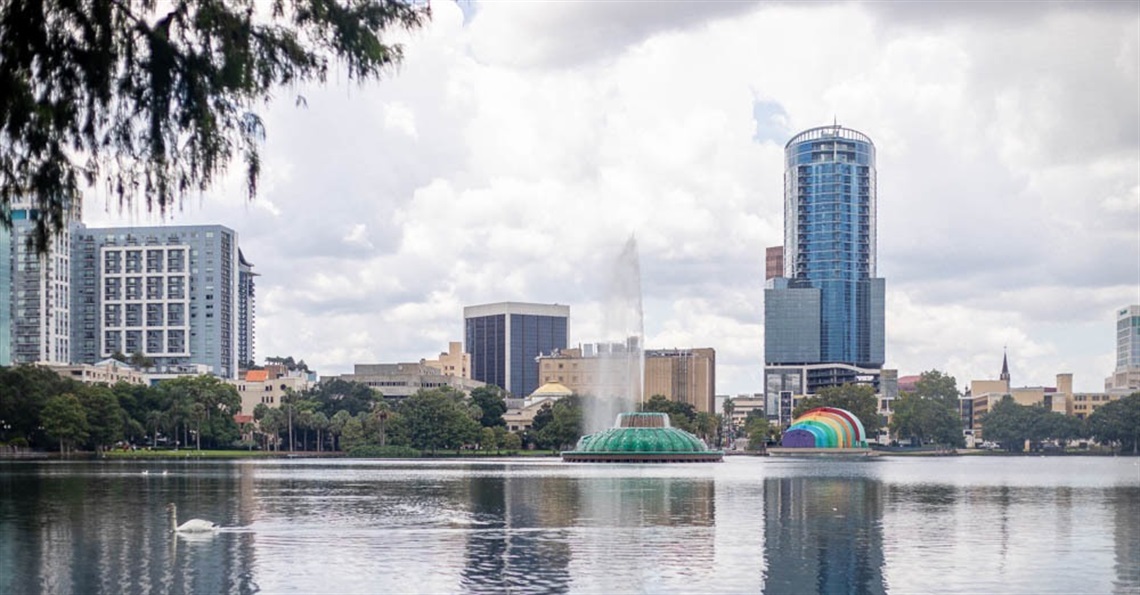 A swan swimming through Lake Eola with a fountain and tall buildings in the background