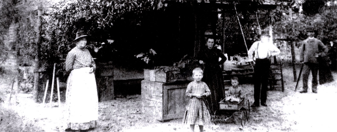 An old black and white image of the Mizell family in a garden