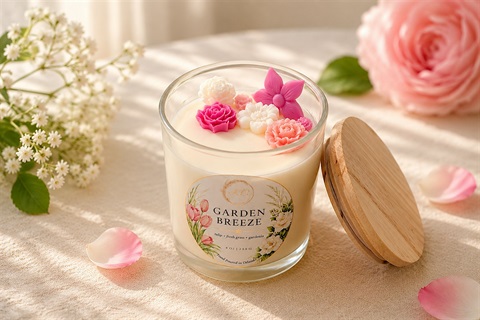 Candle on table with flowers and a pink star.