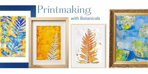Botanical paintings on gel plates. There are four different paintings. The paintings are blue, orange, and green.