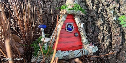 Red fairy door on a tree.