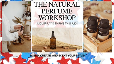 Perfume workshop banner. There are red and blue stars on the image and perfume oil bottles.