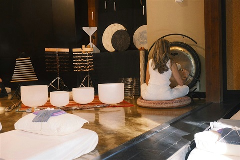Sound bowls on display on a table.