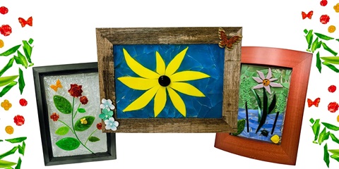 Three mosaics made of glass. The mosaics are flower-shaped.