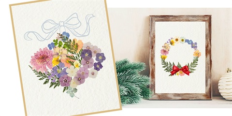 Wreathes designed with pressed flowers in wooden frames.