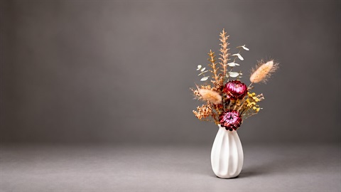 Vase of light brown and red flowers. The vase is white.