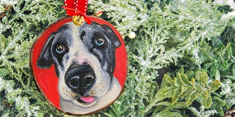 Photo of an ornament with a black and white dog painted on it. The ornament is red and it's on a leafy light green tree.