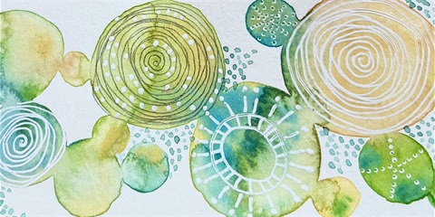 Green, blue, and yellow circular watercolor designs.