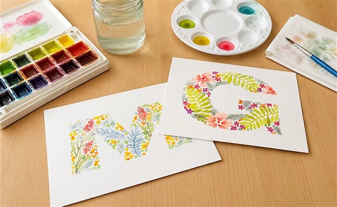 Watercolor cards with the letters 