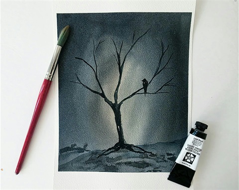 Painting of a dark tree on a grey background.