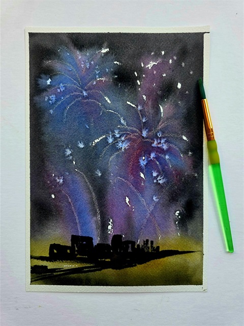 Watercolor painting of fireworks in a night sky.