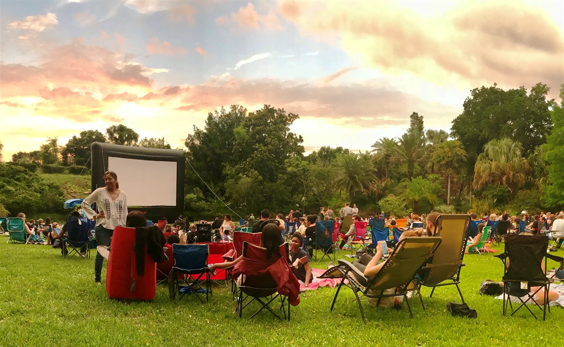 Patrons setting up for movie night.