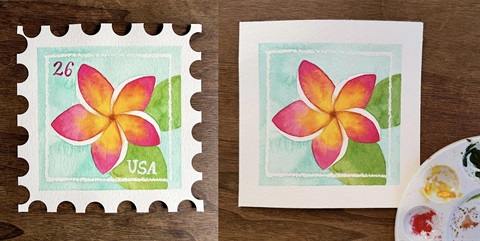 Watercolor painting of a stamp. The stamp has an orange flower on it.