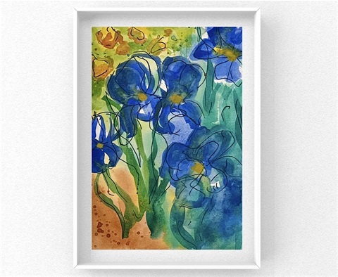 A watercolor painting of blue irises