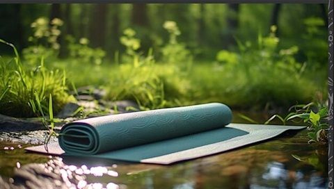 A green yoga mat on shallow water in a garden