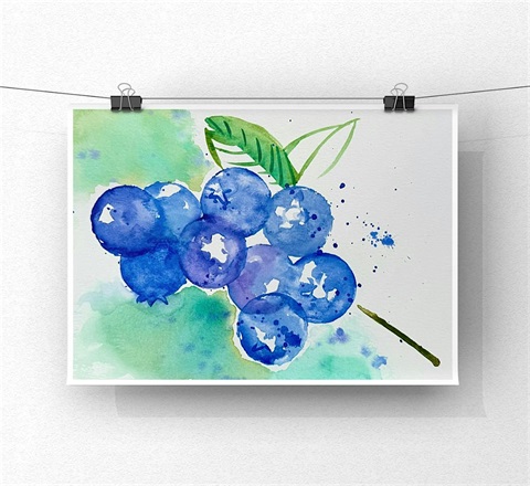 A watercolor painting of blueberries
